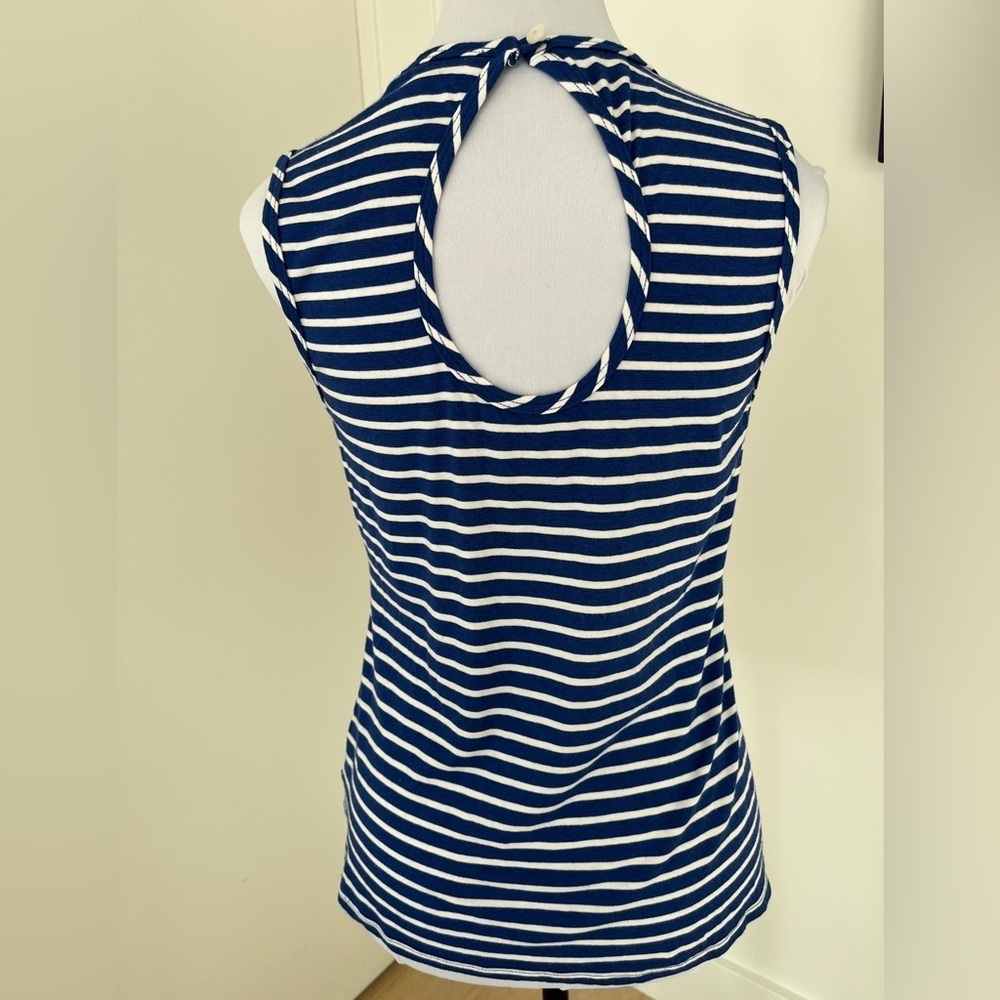 TRINA TURK Striped Tank Top Keyhole Neck Detail Back Front Ruffle Nautical Chic - Picture 3 of 12